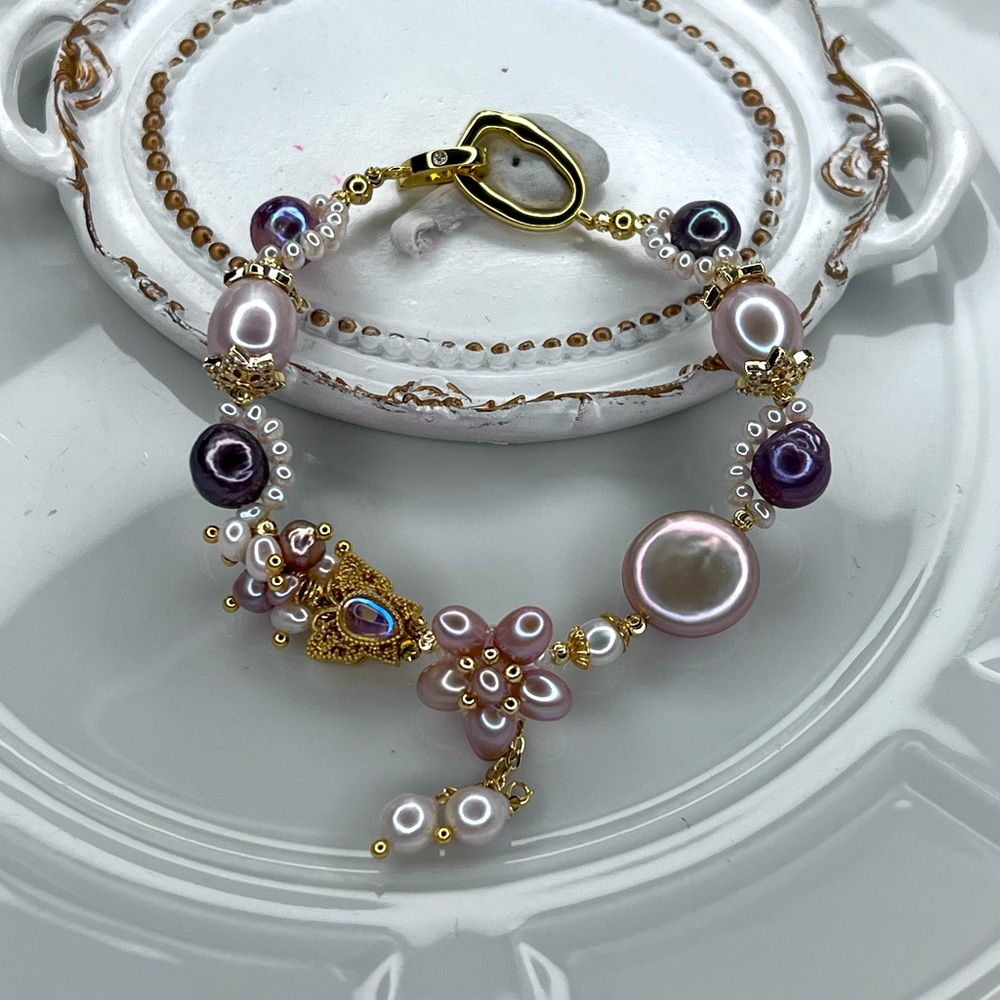 🌺 Handmade Freshwater Blueberry 🫐 Baroque Coin Pearl Braided Bracelet Flower